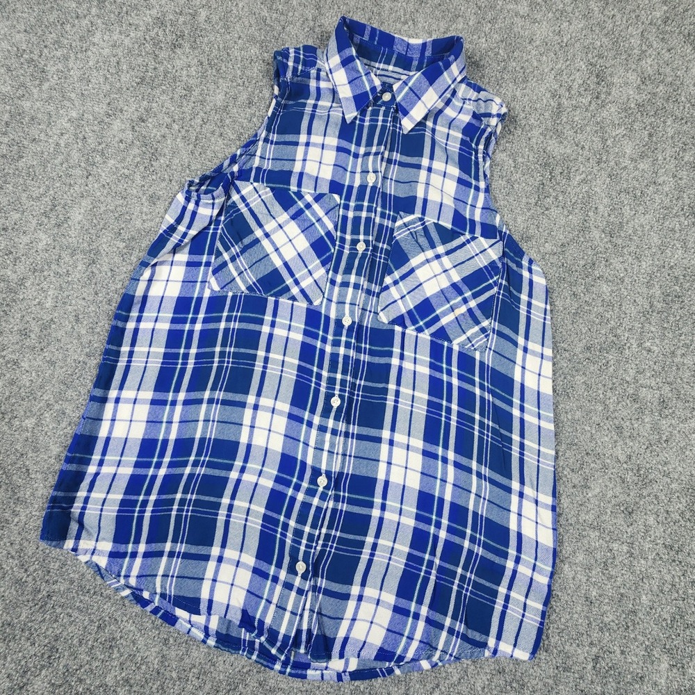 Express Blue White Plaid Sleeveless Button Down Shirt XS Rayon Pocket Top